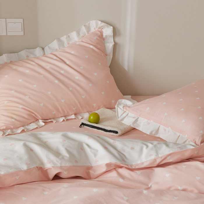 91家纺网 家纺一手货源 找家纺 沐棉家居2022年新款全棉印花13372荷叶边系列四件套直播爆款 爱心-玉