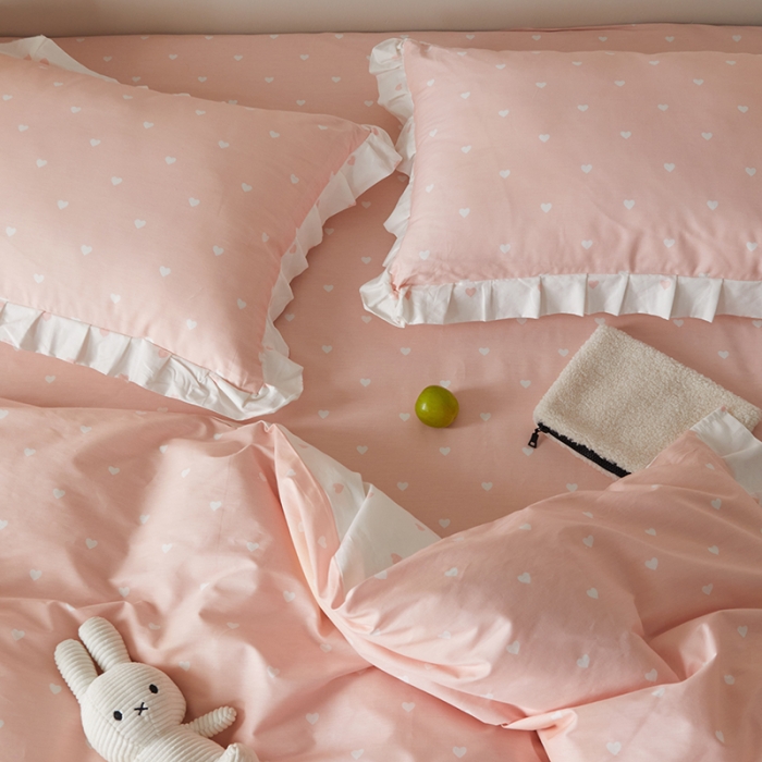 91家纺网 家纺一手货源 找家纺 沐棉家居2022年新款全棉印花13372荷叶边系列四件套直播爆款 爱心-玉