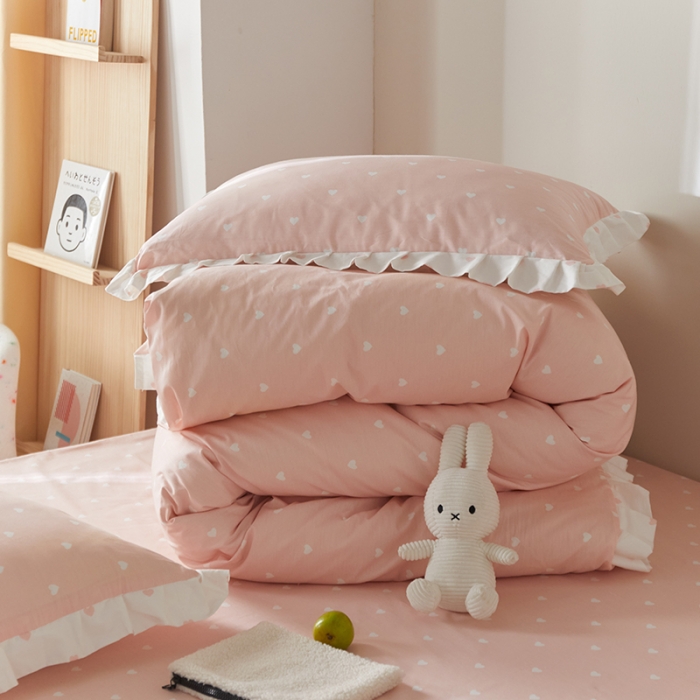 91家纺网 家纺一手货源 找家纺 沐棉家居2022年新款全棉印花13372荷叶边系列四件套直播爆款 爱心-玉