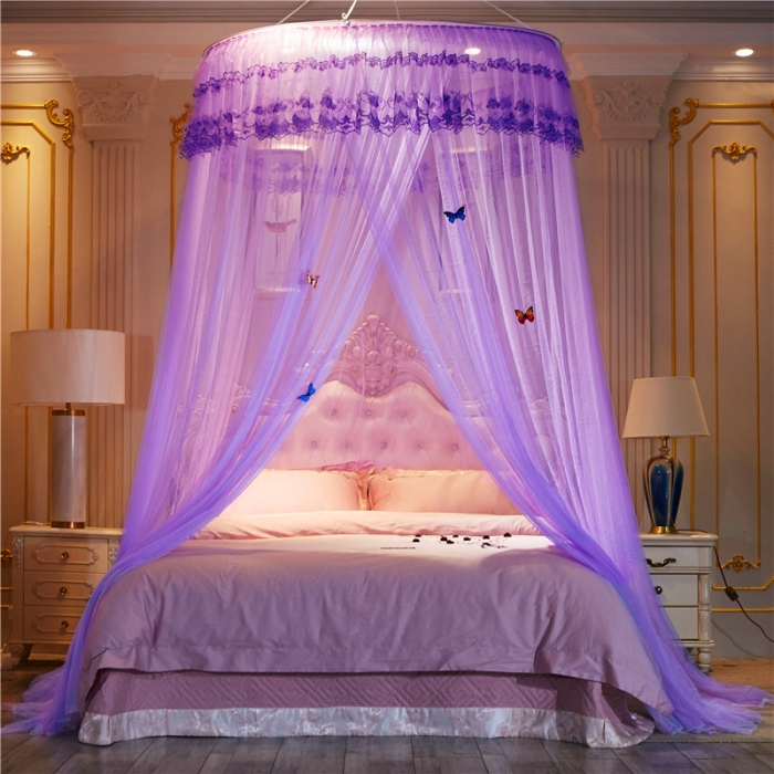 91家纺网 家纺一手货源 找家纺 舞夜盛世新款直径1.2米吊挂圆顶吊顶落地蚊帐常年有货D-2 紫色