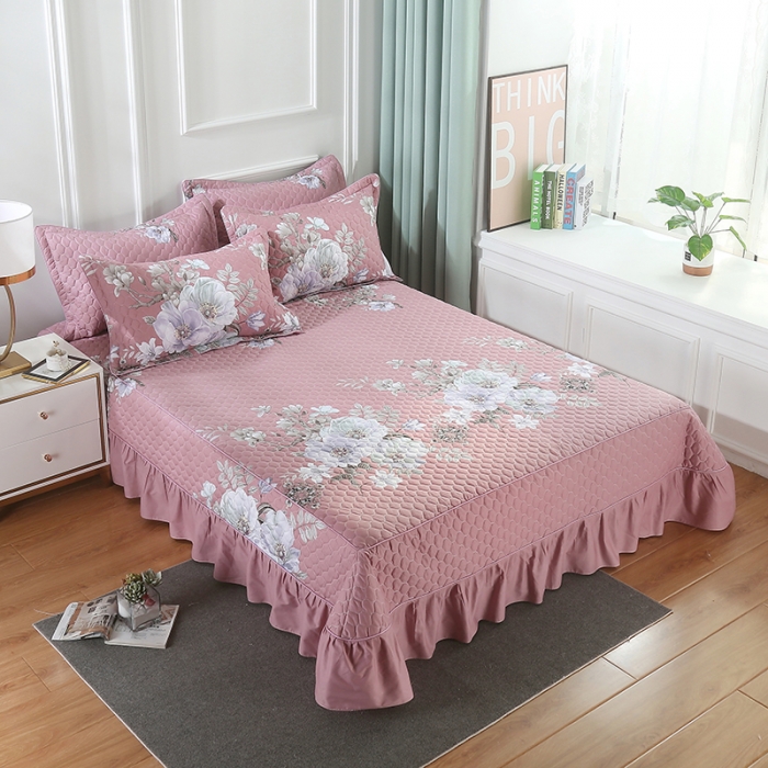 91家纺网 家纺一手货源 找家纺 OL家纺 2021新款全棉床裙夹棉纯棉简约风四件套 花唯佳期-棕