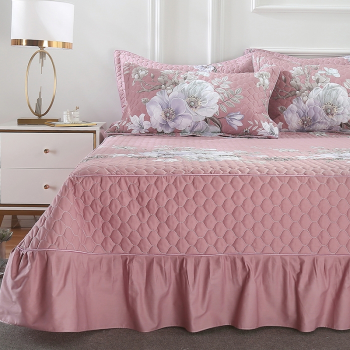 91家纺网 家纺一手货源 找家纺 OL家纺 2021新款全棉床裙夹棉纯棉简约风四件套 花唯佳期-棕