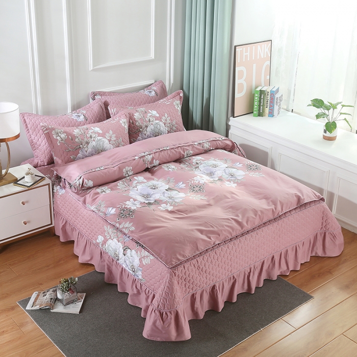 91家纺网 家纺一手货源 找家纺 OL家纺 2021新款全棉床裙夹棉纯棉简约风四件套 花唯佳期-棕