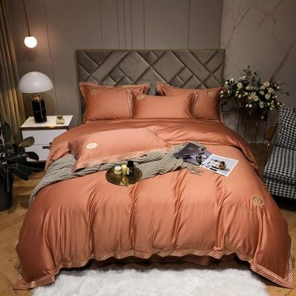 91家纺网 家纺一手货源 找家纺 爱缦 2021新款100s长绒棉刺绣四件套 时尚桔