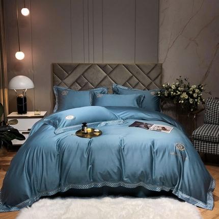 91家纺网 家纺一手货源 找家纺 爱缦 2021新款100s长绒棉刺绣四件套 碧水蓝