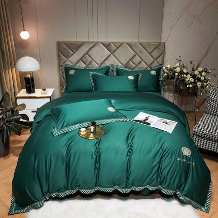 91家纺网 家纺一手货源 找家纺 爱缦 2021新款100s长绒棉刺绣四件套 翠绿