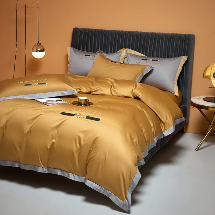 91家纺网 家纺一手货源 找家纺 爱缦 2021新款格蕾丝棚拍100支澳棉四件套 古金黄