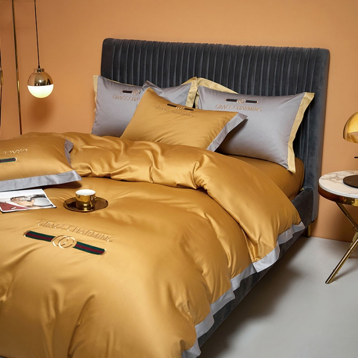 91家纺网 家纺一手货源 找家纺 爱缦 2021新款格蕾丝棚拍100支澳棉四件套 古金黄