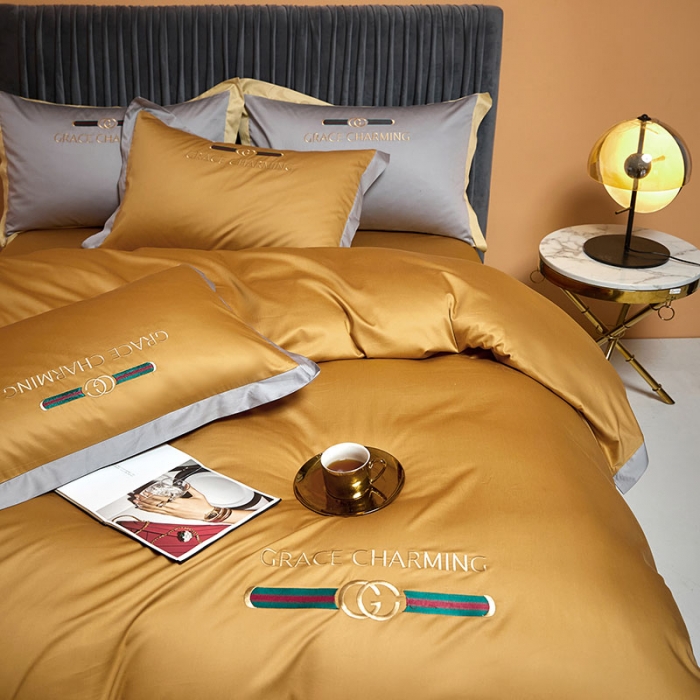 91家纺网 家纺一手货源 找家纺 爱缦 2021新款格蕾丝棚拍100支澳棉四件套 古金黄