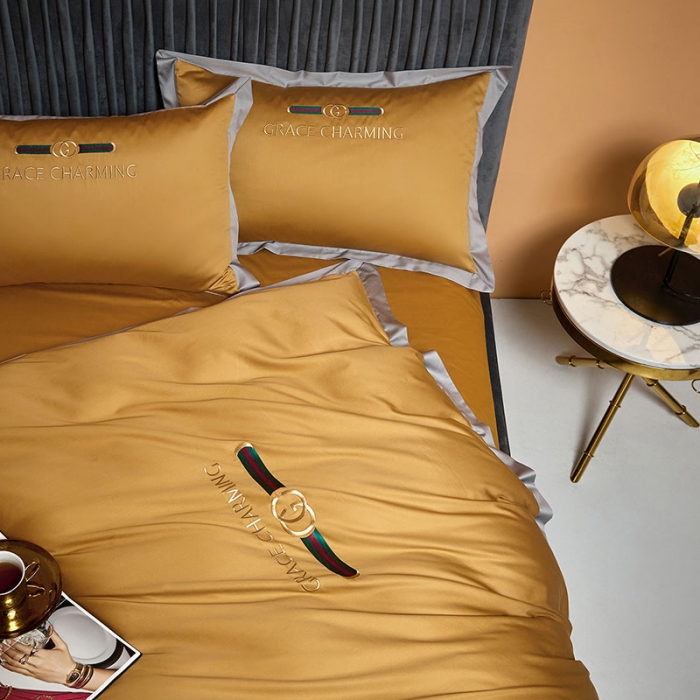 91家纺网 家纺一手货源 找家纺 爱缦 2021新款格蕾丝棚拍100支澳棉四件套 古金黄