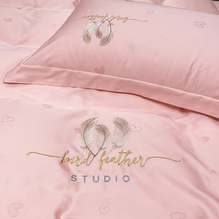 91家纺网 家纺一手货源 找家纺 品乐 2023新款长绒棉提花刺绣单枕套（宽边） 爱心-水粉一对