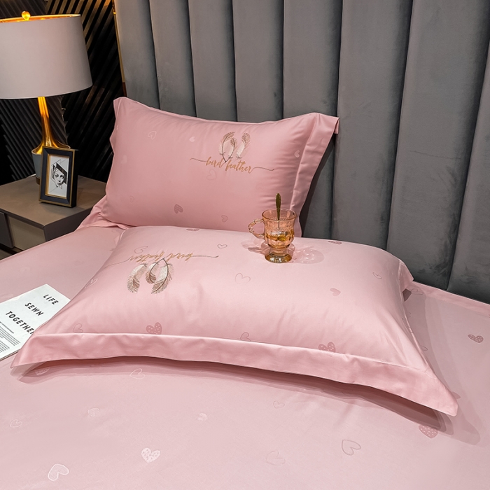 91家纺网 家纺一手货源 找家纺 品乐 2023新款长绒棉提花刺绣单枕套（宽边） 爱心-水粉一对