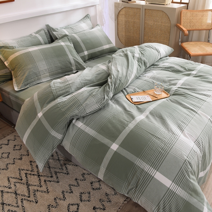 91家纺网 家纺一手货源 找家纺 甜之梦2025新款水洗棉四件套（任何尺寸都可以定做） 浅绿大格