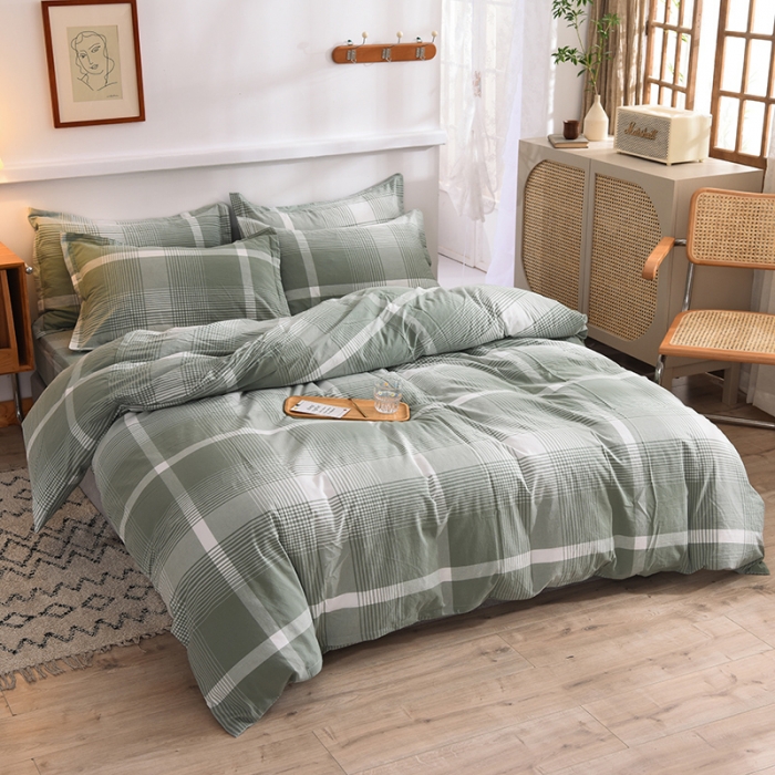 91家纺网 家纺一手货源 找家纺 甜之梦2025新款水洗棉四件套（任何尺寸都可以定做） 浅绿大格