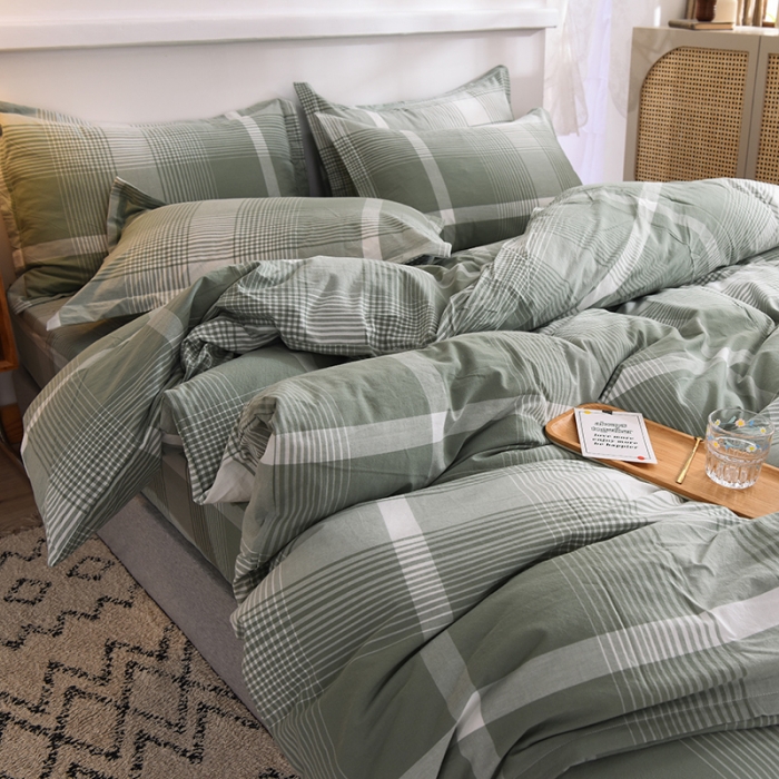 91家纺网 家纺一手货源 找家纺 甜之梦2025新款水洗棉四件套（任何尺寸都可以定做） 浅绿大格