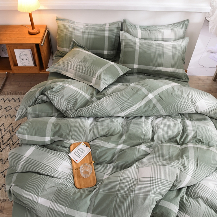 91家纺网 家纺一手货源 找家纺 甜之梦2025新款水洗棉四件套（任何尺寸都可以定做） 浅绿大格