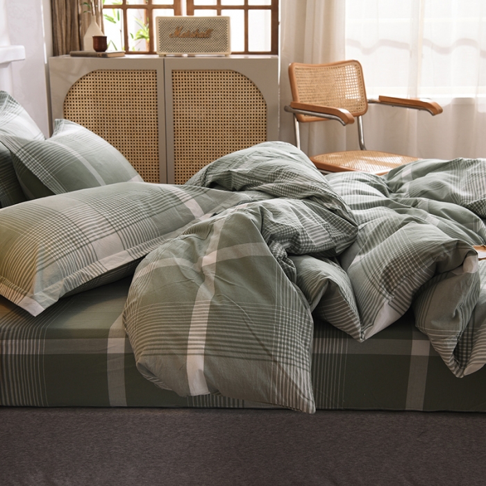 91家纺网 家纺一手货源 找家纺 甜之梦2025新款水洗棉四件套（任何尺寸都可以定做） 浅绿大格