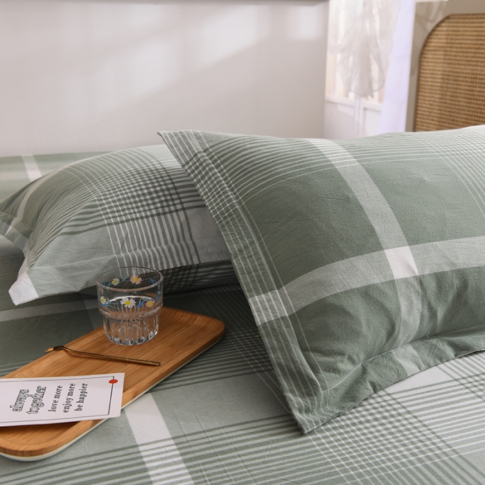 91家纺网 家纺一手货源 找家纺 甜之梦2025新款水洗棉单品枕套一对（任何尺寸都可以定做） 浅绿大格