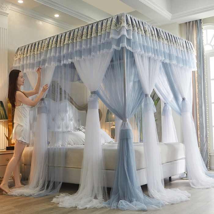 91家纺网 家纺一手货源 找家纺 迪凡保罗 2021新款5823双层纱落地宫廷蚊帐 蓝灰