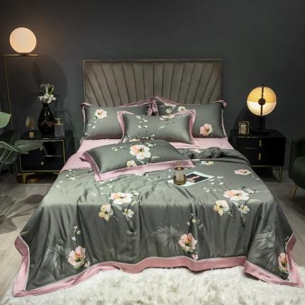 91家纺网 家纺一手货源 找家纺 朵美 2021新款60支天丝数码印花夏被四件套 藏花作枕