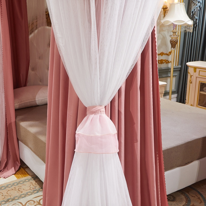 91家纺网 家纺一手货源 找家纺 迪凡保罗蚊 2021新款5839双横杆落地双层遮光帘蚊帐 红玉色