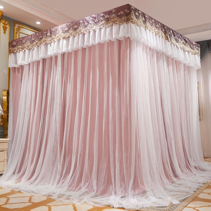 91家纺网 家纺一手货源 找家纺 迪凡保罗蚊 2021新款5839双横杆落地双层遮光帘蚊帐 红玉色