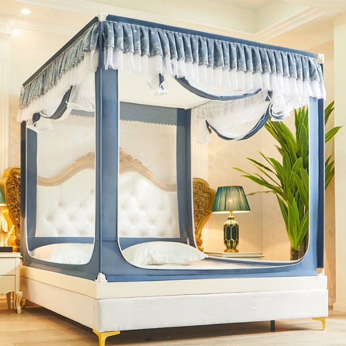 91家纺网 家纺一手货源 找家纺 迪凡保罗 2021新款5838U型外穿杆拉链坐床式蚊帐 蓝灰