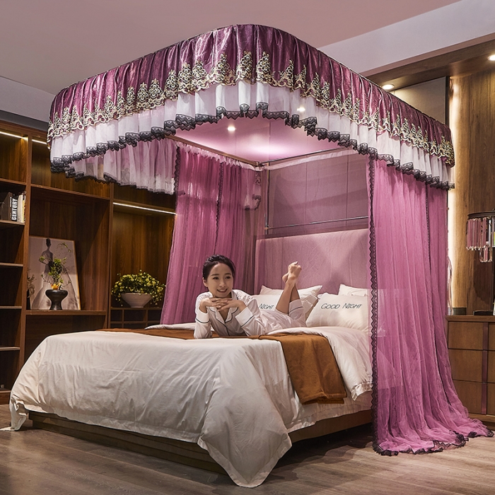 91家纺网 家纺一手货源 找家纺 迪凡保罗新款A33广东拉绳土豪金手动导轨蚊帐三开门 豆沙