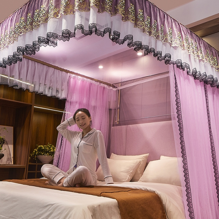 91家纺网 家纺一手货源 找家纺 迪凡保罗新款A33广东拉绳土豪金手动导轨蚊帐三开门 粉红