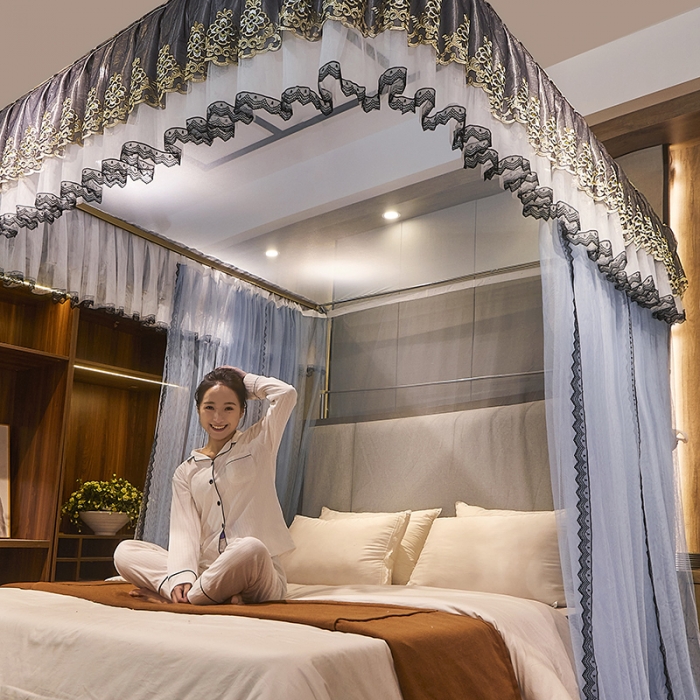 91家纺网 家纺一手货源 找家纺 迪凡保罗新款A33广东拉绳土豪金手动导轨蚊帐三开门 蓝灰