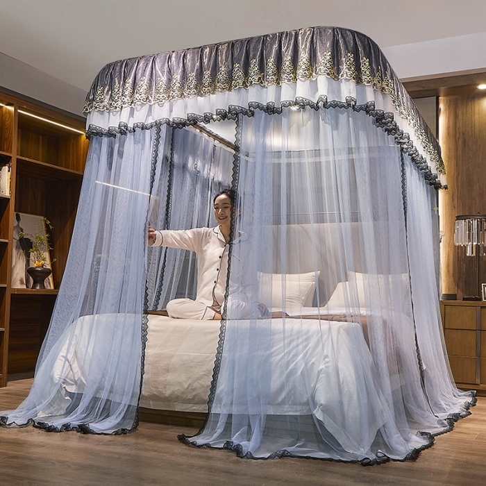 91家纺网 家纺一手货源 找家纺 迪凡保罗新款A33广东拉绳土豪金手动导轨蚊帐三开门 蓝灰