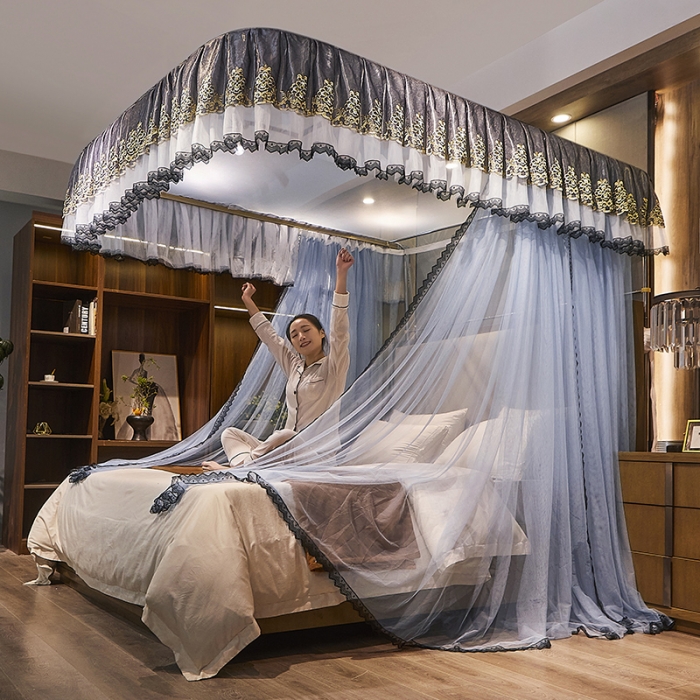 91家纺网 家纺一手货源 找家纺 迪凡保罗新款A33广东拉绳土豪金手动导轨蚊帐三开门 蓝灰