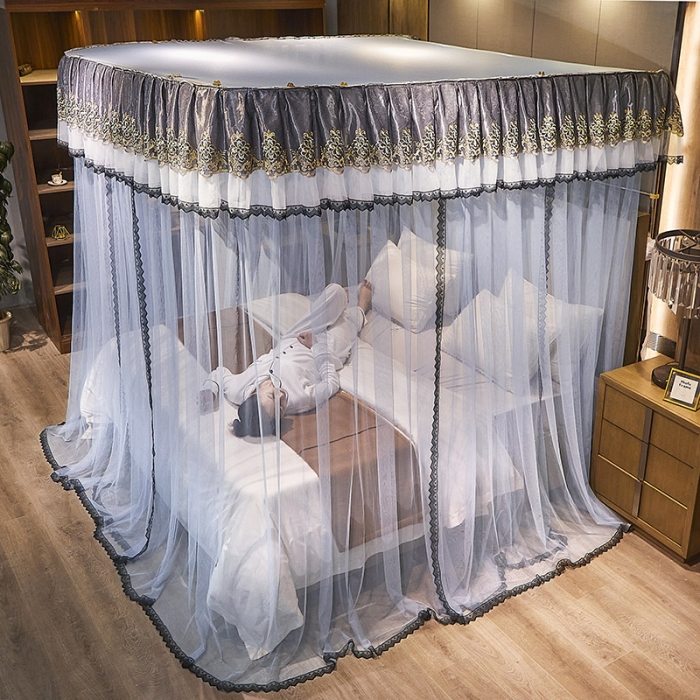 91家纺网 家纺一手货源 找家纺 迪凡保罗新款A33广东拉绳土豪金手动导轨蚊帐三开门 蓝灰