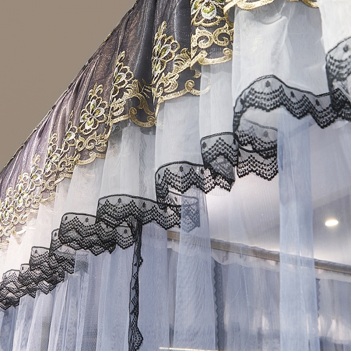 91家纺网 家纺一手货源 找家纺 迪凡保罗新款A33广东拉绳土豪金手动导轨蚊帐三开门 蓝灰