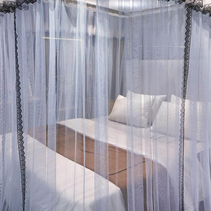 91家纺网 家纺一手货源 找家纺 迪凡保罗新款A33广东拉绳土豪金手动导轨蚊帐三开门 蓝灰