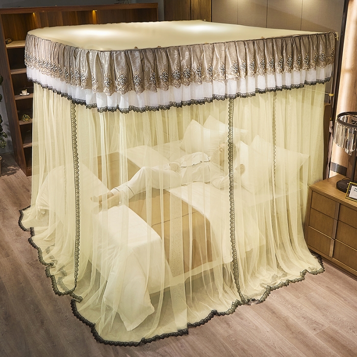 91家纺网 家纺一手货源 找家纺 迪凡保罗新款A33广东拉绳土豪金手动导轨蚊帐三开门 米黄