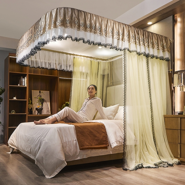 91家纺网 家纺一手货源 找家纺 迪凡保罗新款A33广东拉绳土豪金手动导轨蚊帐三开门 米黄