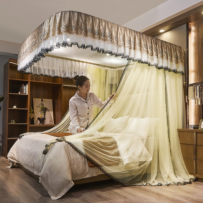 91家纺网 家纺一手货源 找家纺 迪凡保罗新款A33广东拉绳土豪金手动导轨蚊帐三开门 米黄