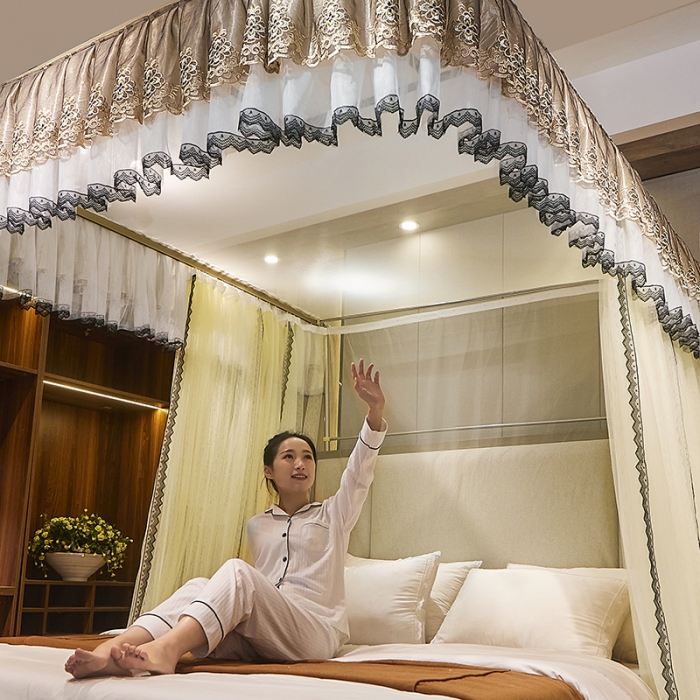 91家纺网 家纺一手货源 找家纺 迪凡保罗新款A33广东拉绳土豪金手动导轨蚊帐三开门 米黄