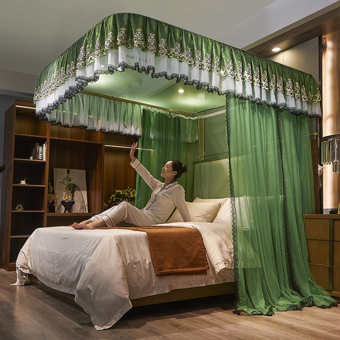 91家纺网 家纺一手货源 找家纺 迪凡保罗新款A33广东拉绳土豪金手动导轨蚊帐三开门 抹茶绿