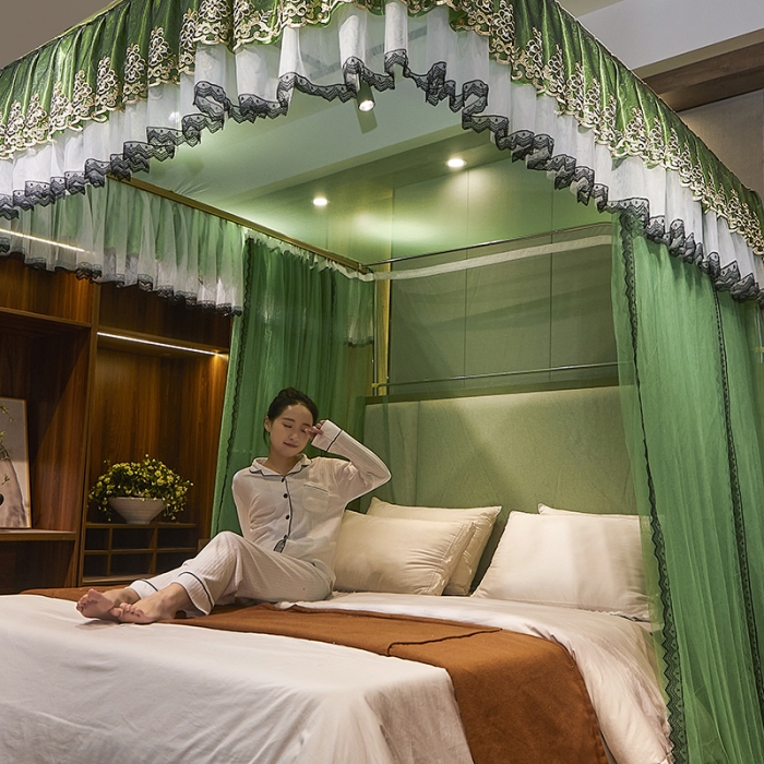91家纺网 家纺一手货源 找家纺 迪凡保罗新款A33广东拉绳土豪金手动导轨蚊帐三开门 抹茶绿