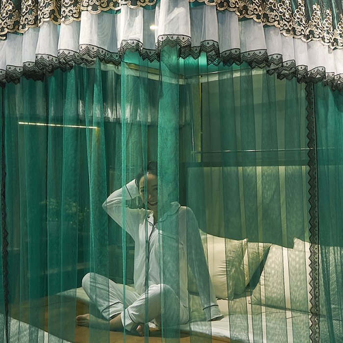 91家纺网 家纺一手货源 找家纺 迪凡保罗新款A33广东拉绳土豪金手动导轨蚊帐三开门 墨绿