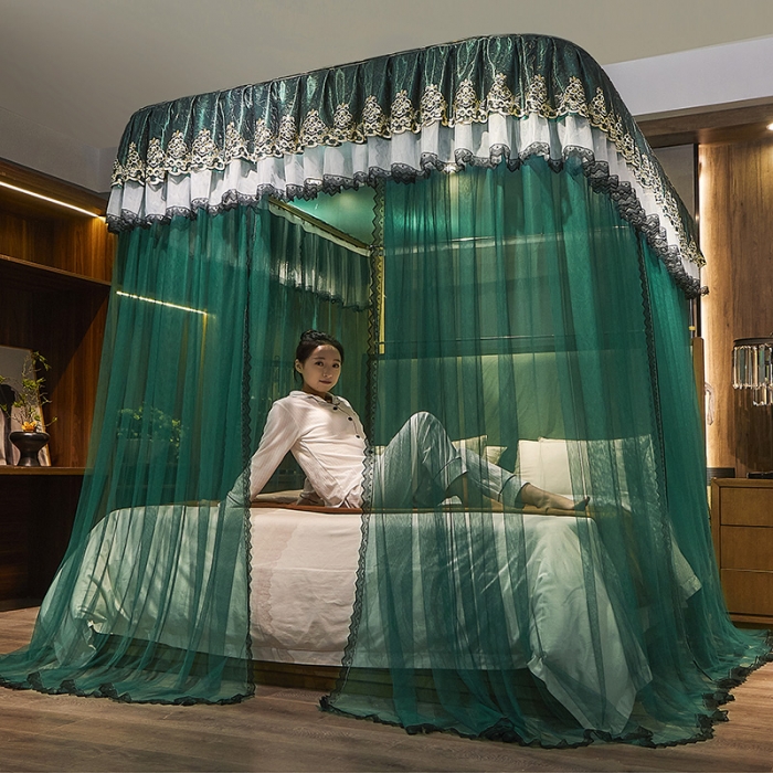 91家纺网 家纺一手货源 找家纺 迪凡保罗新款A33广东拉绳土豪金手动导轨蚊帐三开门 墨绿