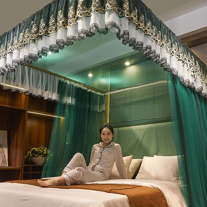 91家纺网 家纺一手货源 找家纺 迪凡保罗新款A33广东拉绳土豪金手动导轨蚊帐三开门 墨绿