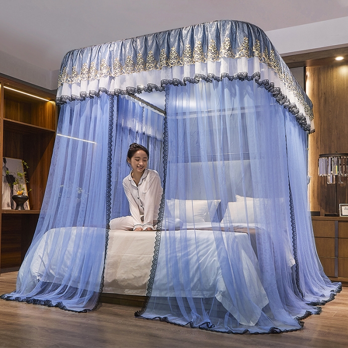 91家纺网 家纺一手货源 找家纺 迪凡保罗新款A33广东拉绳土豪金手动导轨蚊帐三开门 天蓝