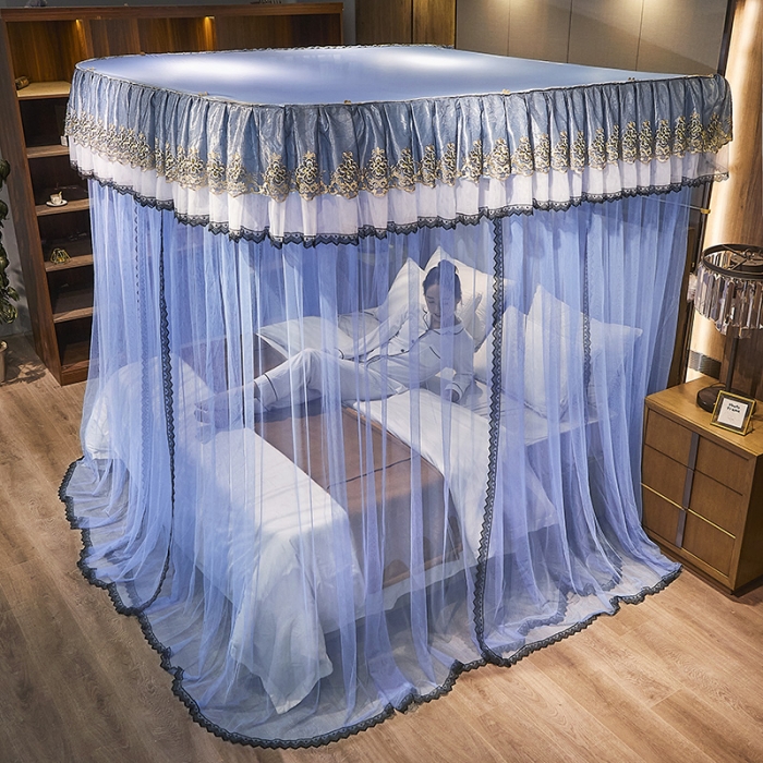 91家纺网 家纺一手货源 找家纺 迪凡保罗新款A33广东拉绳土豪金手动导轨蚊帐三开门 天蓝