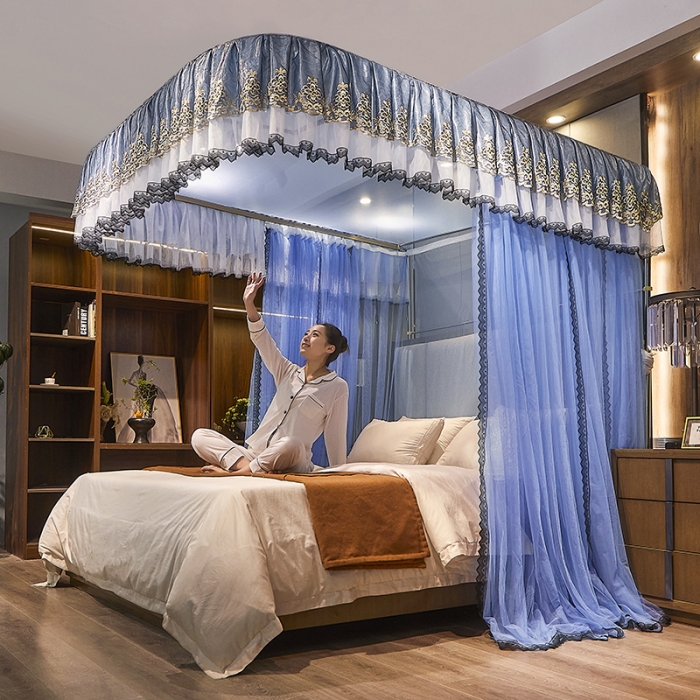 91家纺网 家纺一手货源 找家纺 迪凡保罗新款A33广东拉绳土豪金手动导轨蚊帐三开门 天蓝