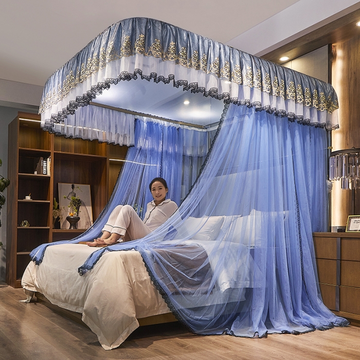 91家纺网 家纺一手货源 找家纺 迪凡保罗新款A33广东拉绳土豪金手动导轨蚊帐三开门 天蓝