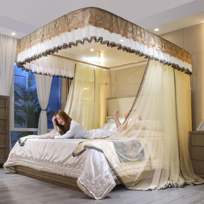 91家纺网 家纺一手货源 找家纺 迪凡保罗新款A34广东拉绳土豪金手动导轨蚊帐三开门 米黄