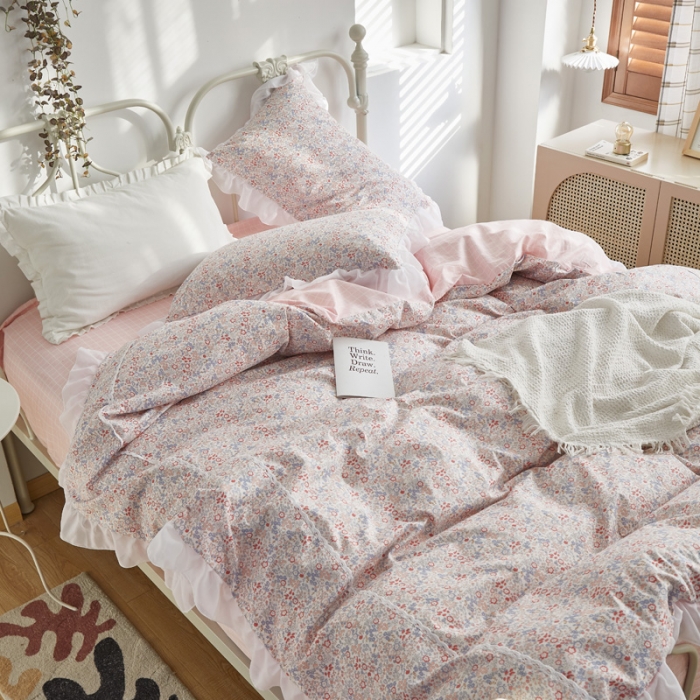 91家纺网 家纺一手货源 找家纺 怡家居 2021新款韩版全棉四件套 粉诺